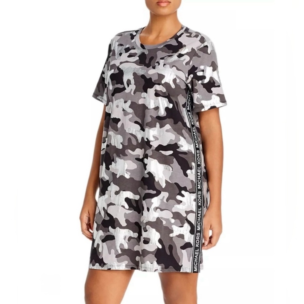 Michael Kors Gray & Black Camo Tee Shirt Dress with Logo Side Tape